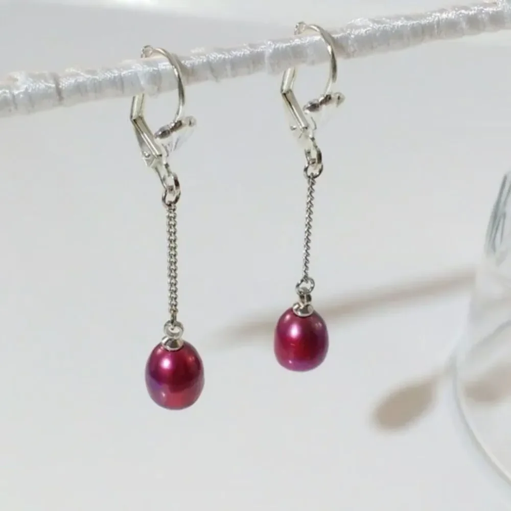 Plum Color Pearl Dangle Earrings